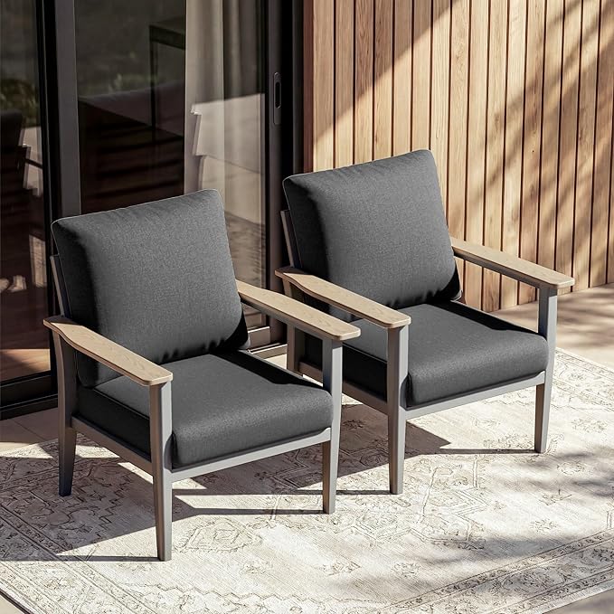 Aluminum Patio Chairs Set of 2, Modern Outdoor Armchairs with Wood-Like Armrests & 5.1" Thick Cushions, Wide Seat Balcony Furniture for Porch, Deck, Black