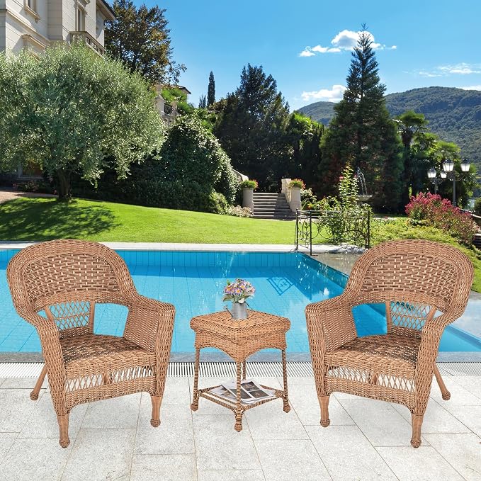 Jeco 3 Piece Wicker Chair and End Table Set without Cushion, Honey