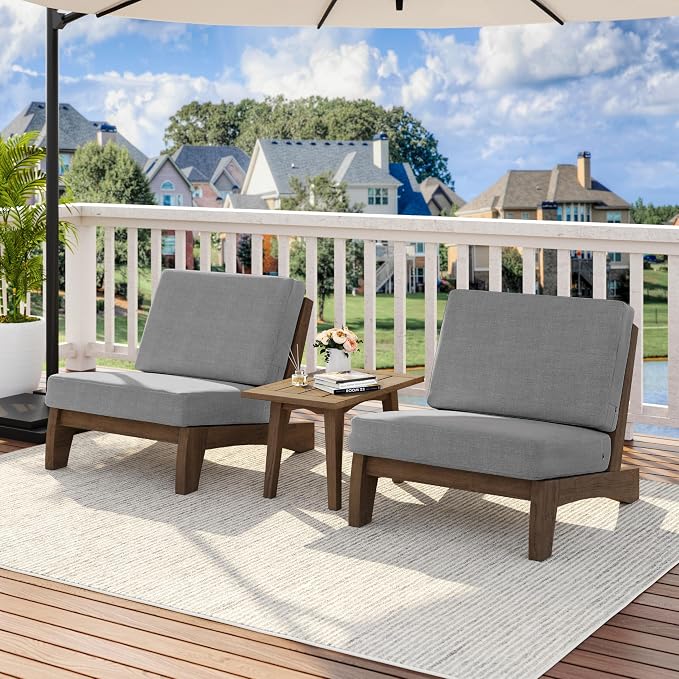 3 Piece Wood Patio Chair Outdoor Bistro Set, All Weather Outdoor Furniture Patio Sofa Chair Backyard Seating Group Conversation Sets with Wooden Side Table - Gray