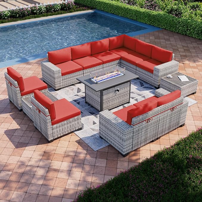 13-Piece Outdoor Patio Furniture Set with 55,000 BTU Fire Pit Table, PE Wicker Rattan Sectional Sofa Patio Conversation Set with Coffee Table, Red