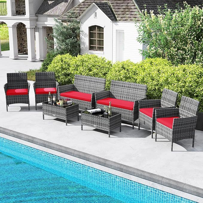 Tangkula 8 Pieces Patio Rattan Conversation Set, Outdoor Wicker Furniture Set with Cushioned Chair, Loveseat & Tempered Glass Table, Outside Sectional Sofa Set for Backyard (G-red,2)