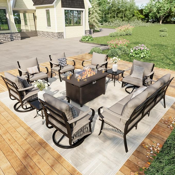 10 Pieces Patio Furniture Set, Metal Outdoor Conversation Sets with Fire Pit Table and Swivel Chairs for Backyard Garden Deck Porch Poolside (Thick Beige Cushions)
