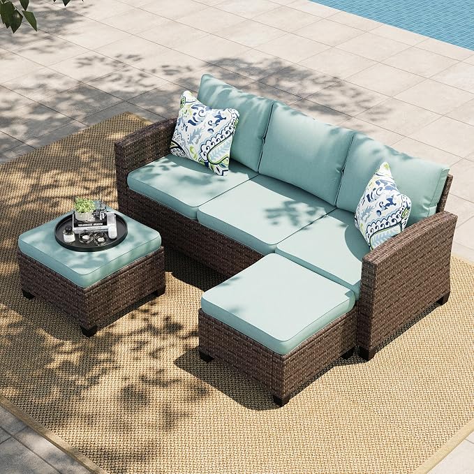 HERA'S HOUSE Small Patio Furniture Set, 3 Pieces Wicker Outdoor Sectional Set, L-Shaped Patio Couch Set, Modular Rattan Conversation Set with Lounge Sofa and Ottomans for Deck Lawn Garden, Blue