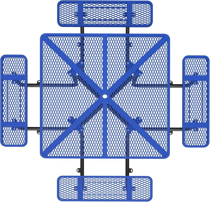 46" Iron Mesh Picnic Table with 1.73" Umbrella Hole Blue | Rust & Heat-Resistant, All-Season Use, Safe Arc Corners, Outdoor Square Metal Picnic Tables for Patio, Park or Backyard