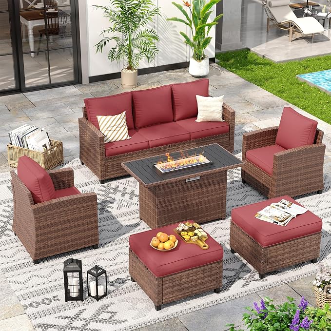 6 Pcs Patio Furniture Set with 44" Propane Gas Fire Pit Table, Rattan Outdoor Couch with Ottomans, 4" Thick Cushions for Backyard Garden Deck,Wine Red