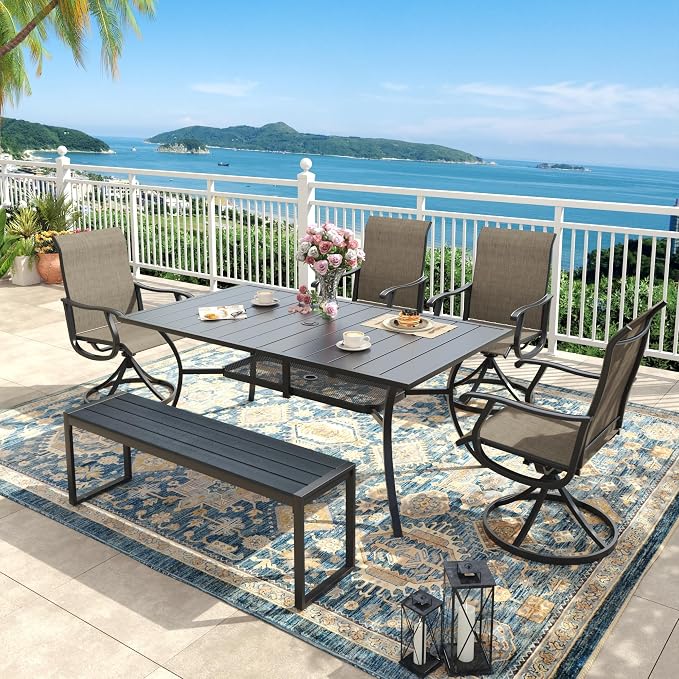 6 Pieces Outdoor Dining Set, Patio Table and Chairs Set with 53" Garden Bench for 6-7 People, 59.2" Outdoor Dining Table and Swivel Patio Chairs for Deck Backyard, Mixed Brown and Black