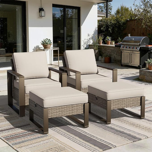 Joyside Outdoor Patio Chairs, 4 Pieces Wicker Rattan Furniture Set, 2 Patio Chairs and 2 Ottoman, Metal Wide Armrest, Thick Cushions and Deep Seating for Garden, Backyard, Porch, Deck