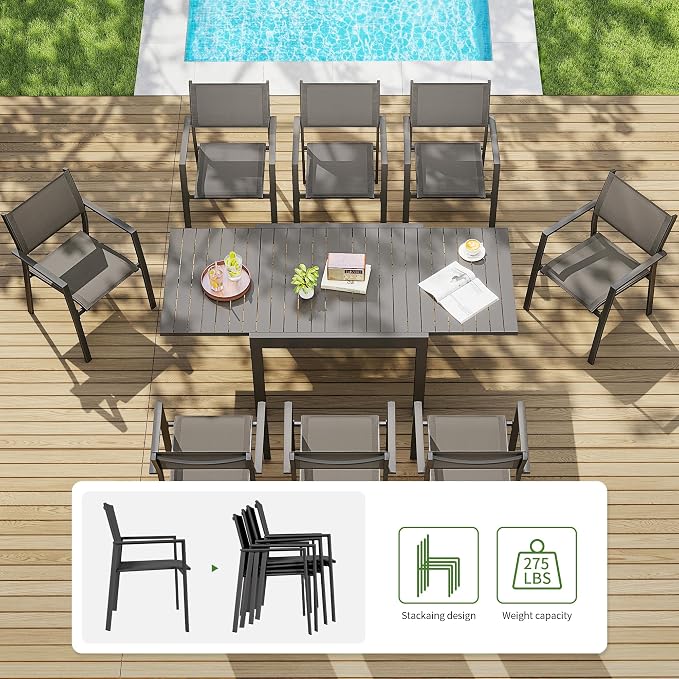 9 Piece Outdoor Dining Set, Expandable Outdoor Patio Dining Table Set for 6-8 Person, Aluminum Outdoor Table and 8 Chairs with Textilene Fabric & Armrest for Patio, Garden, Lawn, Deck(Black)