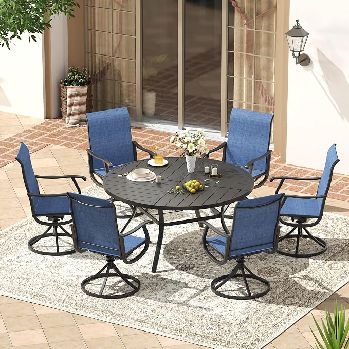 VICLLAX Patio 7 Pieces Outdoor Dining Set, 53" Round Metal Table with Umbrella Hole and 6 Swivel Textilene Chairs for Lawn, Garden, Porch, Black/Dark Blue