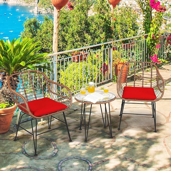 DORTALA 3 Piece Patio Bistro Set, Outdoor Wicker Furniture with Round Tempered Glass Top Table & 2 Rattan Armchairs, Cushions, Conversation Set for Porch, Backyard, Garden, Red