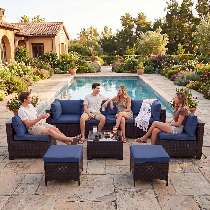 LEVELEVE 9 Pieces Outdoor Patio Furniture Sets,Rattan Conversation Sectional Set,Manual Weaving Wicker Patio Sofa,w/Table&Ottoman