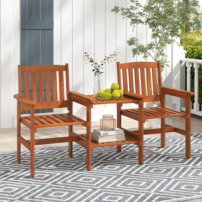 Tangkual Outdoor Wood Bench Loveseat with Built-in Table with1.57 Umbrella Hole, 2-Seater Outdoor Patio Furniture Set for Porch, Deck, Garden and Backyard