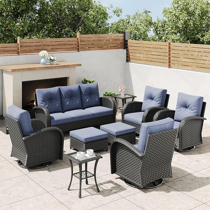 9 Pieces Outdoor Wicker Patio Swivel Rocking Chairs, All Weather Wicker Conversation Set with Side Table