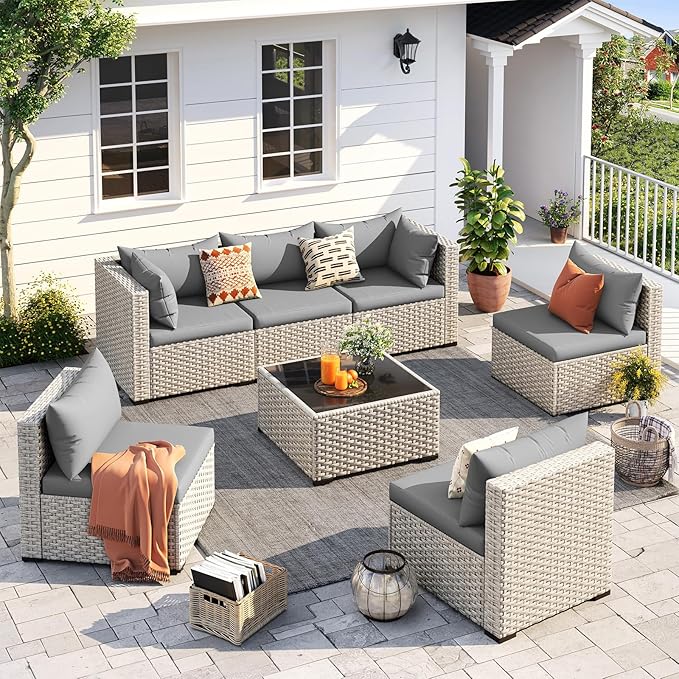 UDPATIO Outdoor Patio Furniture Set, 7 Pcs PE Wicker Sectional Sofa with Tea Table, Outdoor Conversation Set for Patio, Garden, Backyard (Grey Cushions with Light Grey Rattan)