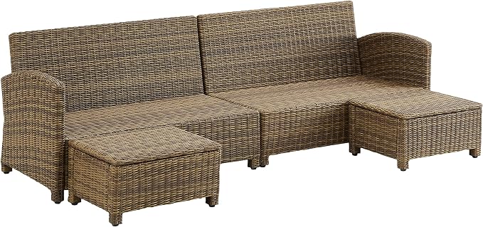 Crosley Furniture Bradenton 4-Piece Outdoor Sectional Sofa Wicker Conversation Patio Furniture Set for Deck, Brown with Navy Cushions