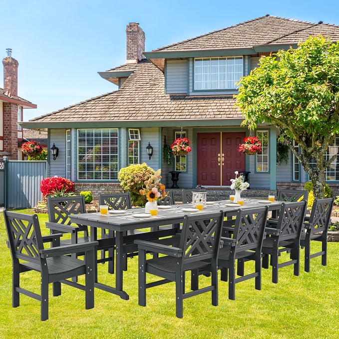 HDPE Dining Table Set for 10,12-Piece Outdoor Table and Chairs Include 10 Dining Chairs and 2 Pcs 62.5" Patio Dining Table with Umbrella Hole (Gray)