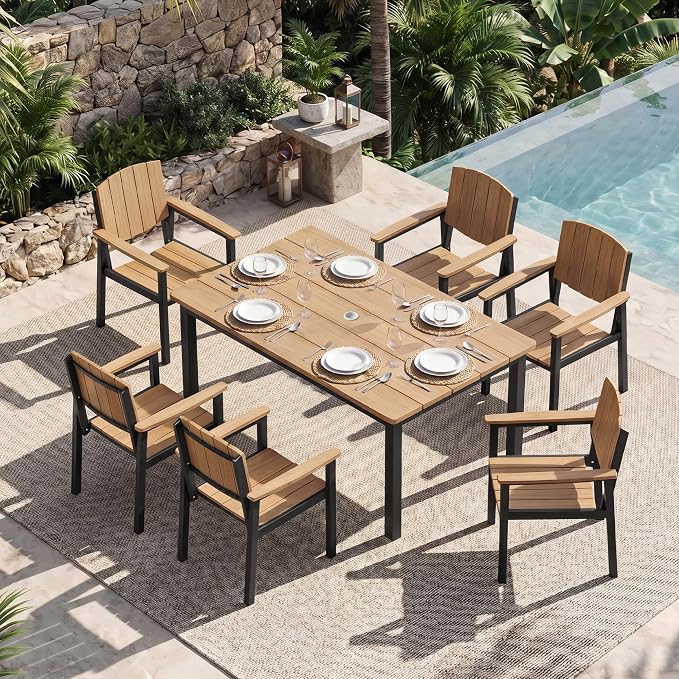 Outdoor Dining Sets Patio Table and Chairs Set 7-Piece, Aluminum Frame HDPS Faux Wood, All Weather Patio Dining Set with Umbrella Hole for Garden Backyard Poolside Nature Wood