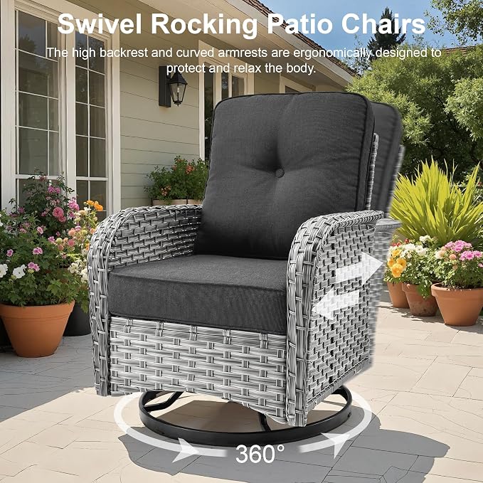 Outdoor Patio Furniture Sets,9 PCS Patio Conversation Set Outside Rattan Sectional Sofa with 42 in Fire Pit Table Wicker Rocking Chair Coffee Table Fit Backyard Porch Garden Poolside Balcony