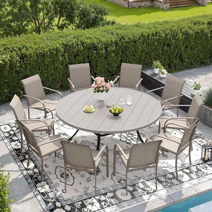 DIFY 11 Pieces Outdoor Patio Dining Set for 10, 60" Grey Wood-Like Round Metal Dining Table and 10 Sandshell Stackable Textilene Patio Chairs, Outdoor Table and Chairs for Backyard Garden Poolside