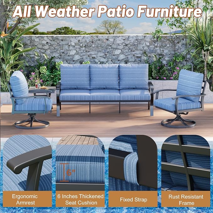 HOMREST Patio Furniture Sets 4 PCS Outdoor Metal Conversation Sets, 360 Degree Swivel Rocking Chairs Patio Conversation Set with Coffee Table and 3-Seat Sofa for Garden, Deck and Poolside