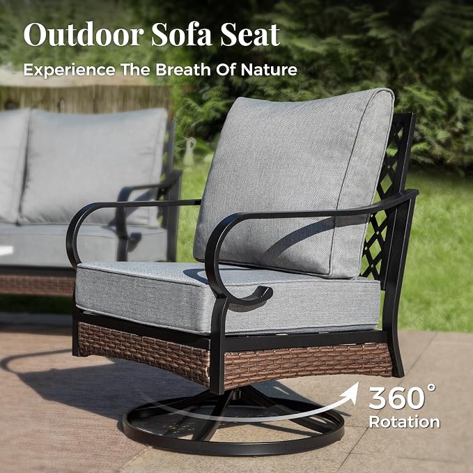 MIXPATIO Patio Furniture Set with Coffee Table, Outdoor Conversation Set with 2 x Fixed Chairs, 2 x Swivel Chairs, 1 x 3-Seat Sofa for Lawn Garden Backyard, Grey