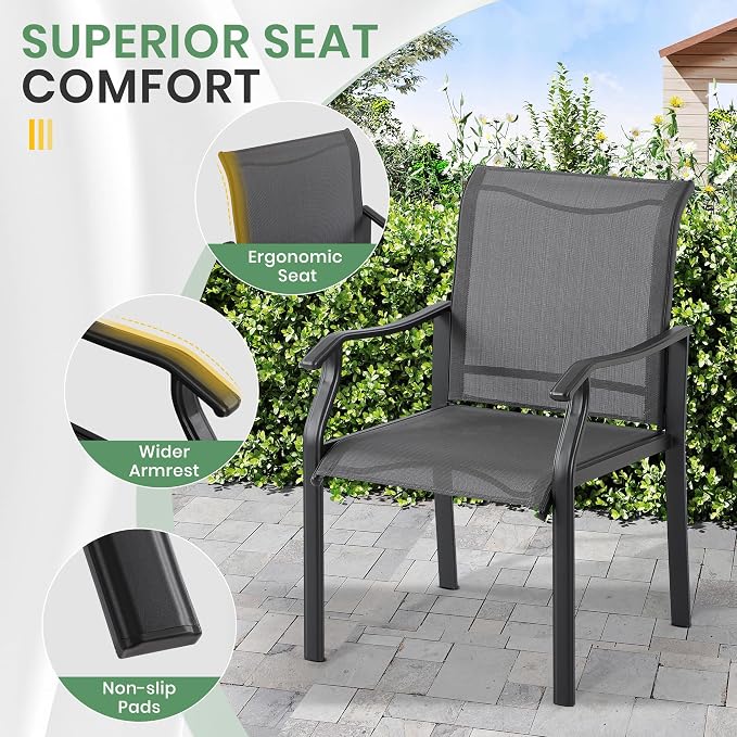 LVUYOYO 5-Piece Outdoor Patio Dining Set, Textilene Dining Chairs & Square Table Set, All-Weather Table and Chairs Set with Umbrella Hole for Backyard, Garden,Balcony,Porch (Gray)