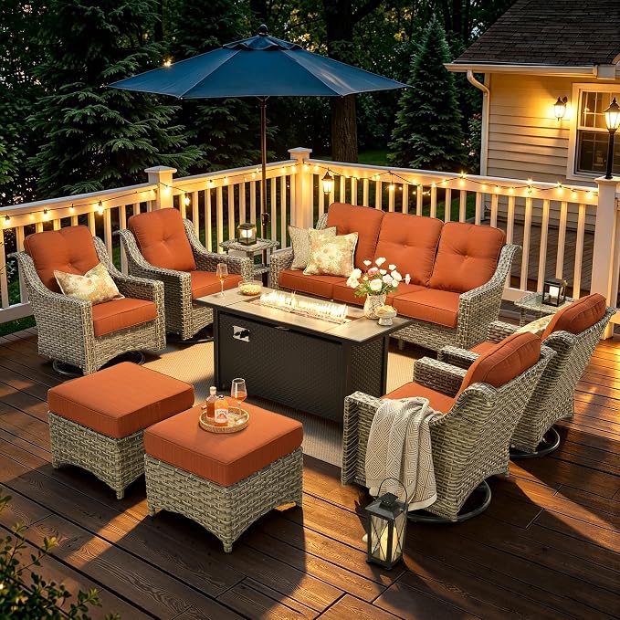 10 Piece Patio Furniture Set with Fire Pit Table, Outdoor Wicker High Back Sofa and Swivel Rocker Chairs Set of 4 with Ottoman, Large Conversation Sets for Backyard Deck Garden, Bold Orange