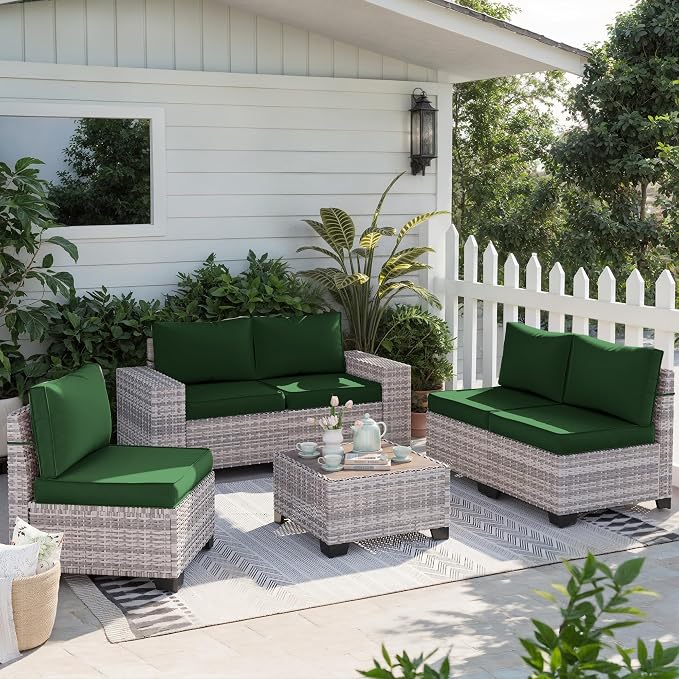6-Piece Outdoor Patio Furniture Set Wicker Sectional Sofa Set, Patio Conversation Set with Thickened Cushions & Chunky Arms Coffee Table for Garden, Backyard, Poolside, Green