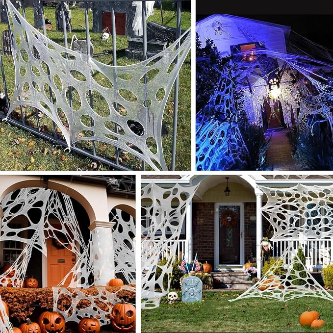 1200 Sqft （After Streched with Holes） Uncut Giant Spider Web Halloween Decorations Outdoor with 10 Ground Nails Stretchy Beef Cloth Netting Cut-Your-Own Flexible Elastic for Yard Party Decor