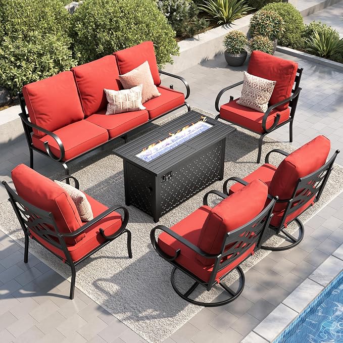 PHI VILLA Patio Furniture Set, 3-Seater Sofa, 2 Fixed Chairs, 2 Swivel Chairs and a 45" Fire Pit Table, Outdoor Metal Conversation Set with 5.75" Extra Thick Cushion for Garden Backyard Deck, Red