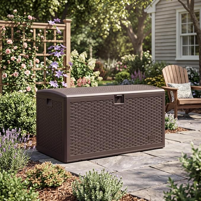 99 Gallon Large Weatherproof Patio Storage Deck Bin, Lockable Outdoor Cushion Chest with Bench Seat, UV-Resistant Resin Utility Box for Patio Furniture Cushions, Throw Pillows, Garden Tools