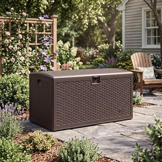 99 Gallon Large Weatherproof Patio Storage Deck Bin, Lockable Outdoor Cushion Chest with Bench Seat, UV-Resistant Resin Utility Box for Patio Furniture Cushions, Throw Pillows, Garden Tools