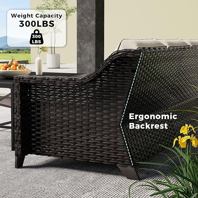 5 Pieces Patio Conversation Furniture Set - 1 Sofa, 4 Armchairs, Outdoor Wicker Furniture with Removable Cushions for Porch, Balcony, Sunroom (Beige)