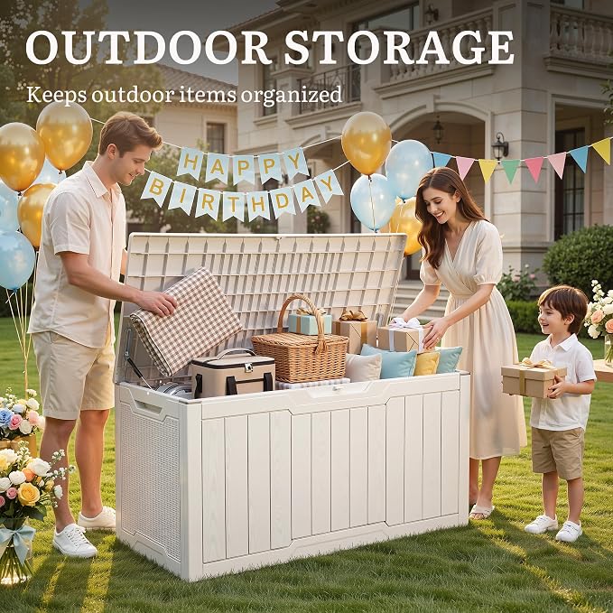 YITAHOME 100 Gallon Large Outdoor Deck Box, Waterproof Resin Storage Box, Lockable Indoor Outdoor Storage Container for Patio Furniture Cushions, Pool Accessories, Garden Tools, White