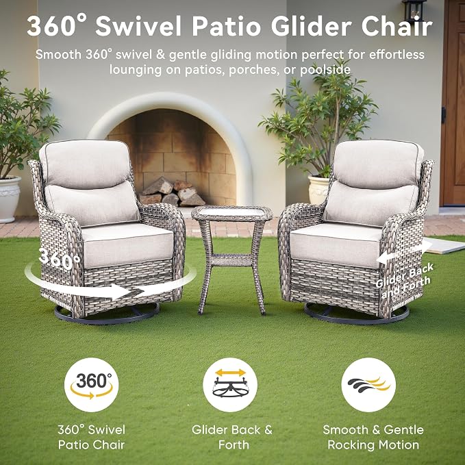 Luxury High Back Outdoor Swivel Rocker Patio Chairs with Side Table & 6-Inch Thick Cushions, 2 Pieces Patio Furniture Set for Porch, Balcony, Deck and Yard