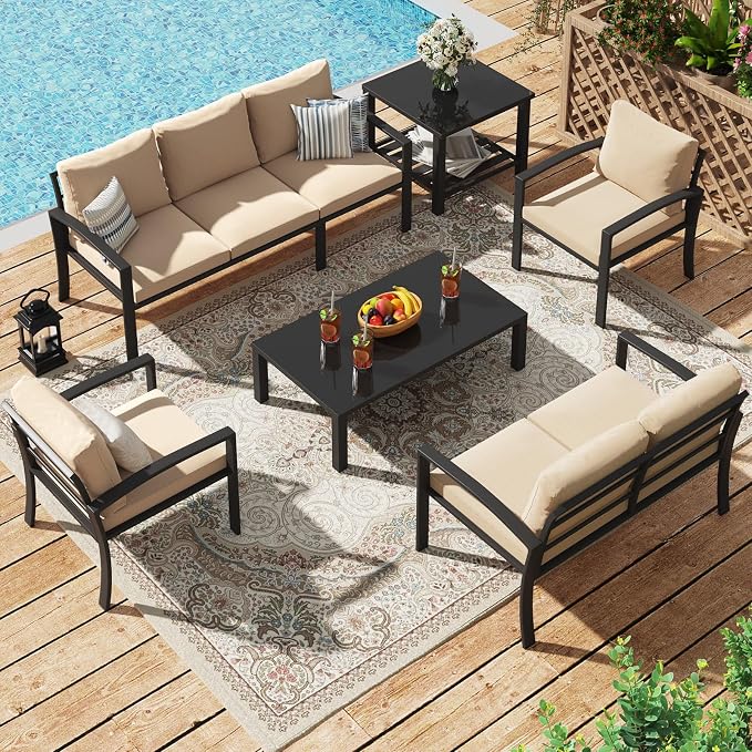 U-MAX Aluminum Patio Furniture Set 7 Seats, Modern Outdoor Furniture Clearance with Coffee Table & Side Table, Metal Patio Conversation Sets with Deep Cushions for Lawn, Garden, Porch, Beige