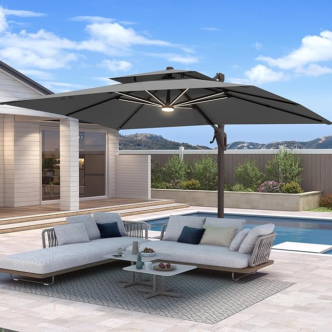 10 X 13 FT Cantilever Patio Umbrella with Led Lights Outdoor Rectangle Offset Large Double Top Heavy Duty Umbrellas with 360°Rotation for Pool Deck Backyard Garden, Gray