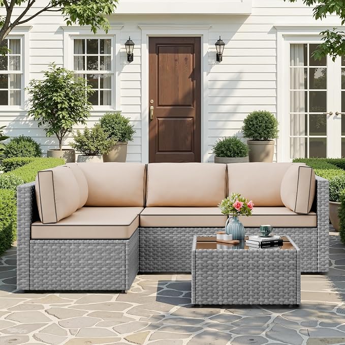 JAMFLY 5-Piece All-Season Wicker Patio Sofa Set with Thick Cushions & Coffee Table, Modular Indoor Outdoor Furniture for Poolside, Garden, Sunroom & Porch, Khaki