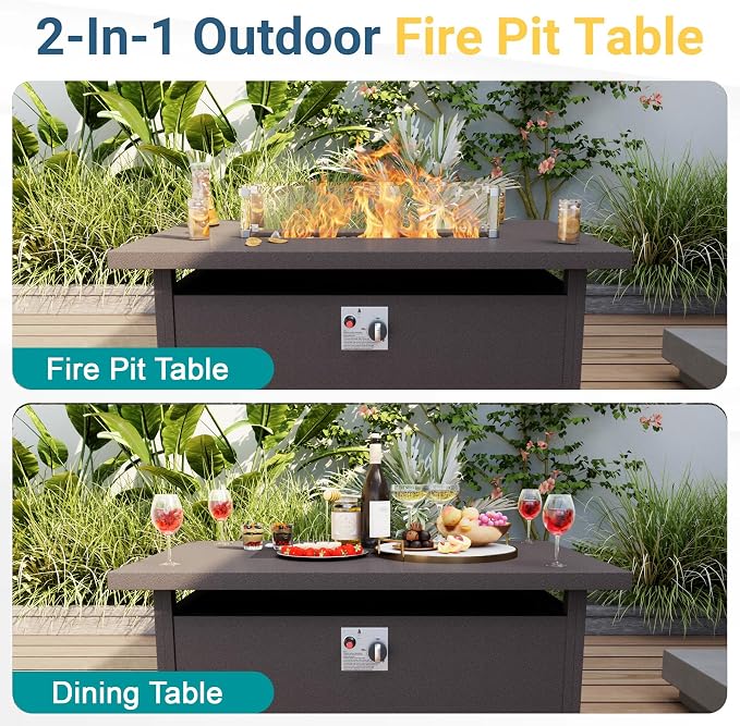 5-Piece Outdoor Furniture Set, Metal Swivel Rocking Chairs with All-Weather Cushions, Rope Patio Conversation Set with Fire Pit Table for Deck, Porch, Garden, Backyard, Poolside (Gray Cushions)