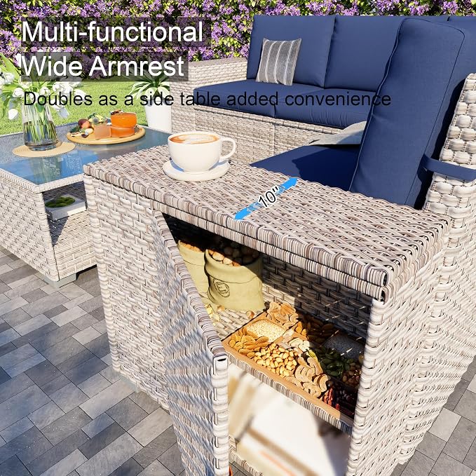 12-Piece Patio Furniture Set, Outdoor Extra Wide Armrest Modular Sectional Sofa, All-Weather Dual-Strand Rattan PE Wicker Conversation Set with Coffee Table for Porch Garden Balcony, Blue