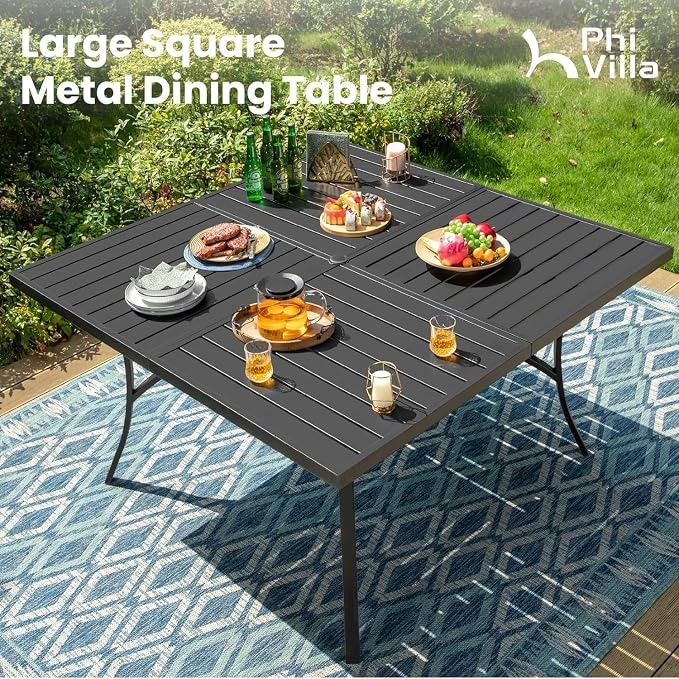 PHI VILLA 9 Piece, Outdoor Dining Table, 57.5"x57.5" Table | Wrought Iron, Swivel Chairs, Cushions, 2.0" Umbrella Hole, Weather-Resistant, 360° Swivel