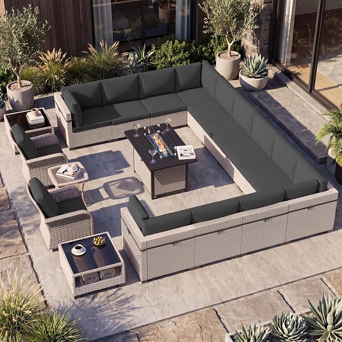 Patio Furniture Set, 18-Piece Outdoor Sectional Sofa with Swivel Rocker Chairs & Fire Pit Table, Wicker Patio Conversation Set with Coffee Table, Black Cushions