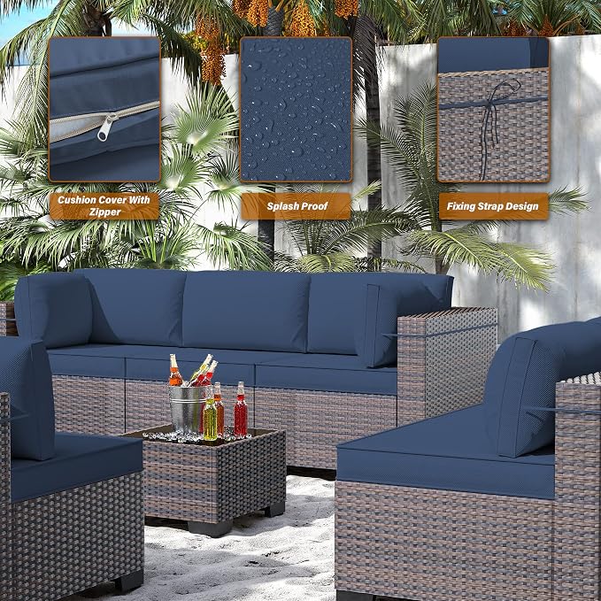 14 Pieces Outdoor Patio Furniture Set,Outdoor Sectional Furniture All Weather PE Rattan Wicker Patio Conversation Set with 2 Coffee Tables and 12 Thickened Cushions,Navy Blue