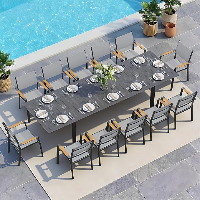 Wisteria Lane Aluminum Outdoor Patio Table and Chairs Set with 121" L-81 L Expandable Dining Table, 13-Pieces Outdoor Dining Set for 12, Patio Furniture Set with Stackable Quick Drying Chairs, Grey