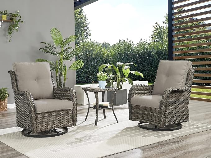 Rilyson Wicker Rocking Chair Swivel Chairs - 3 Piece Rocker Patio Furniture Set Rattan Rocking Bistro Sets with Glass Top Side Table for Outdoor Porch Deck Garden Backyard (Mixed Grey/Grey)