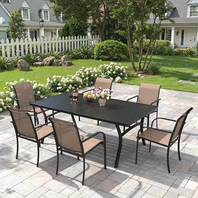 7 Pieces Patio Dining Set, 63" Rectangular Dining Table with Umbrella Hole, 6 Stackable Textilene Fabric Chairs, Metal Structure for Patio, Porch, Garden(Black Table, Brown Chair)