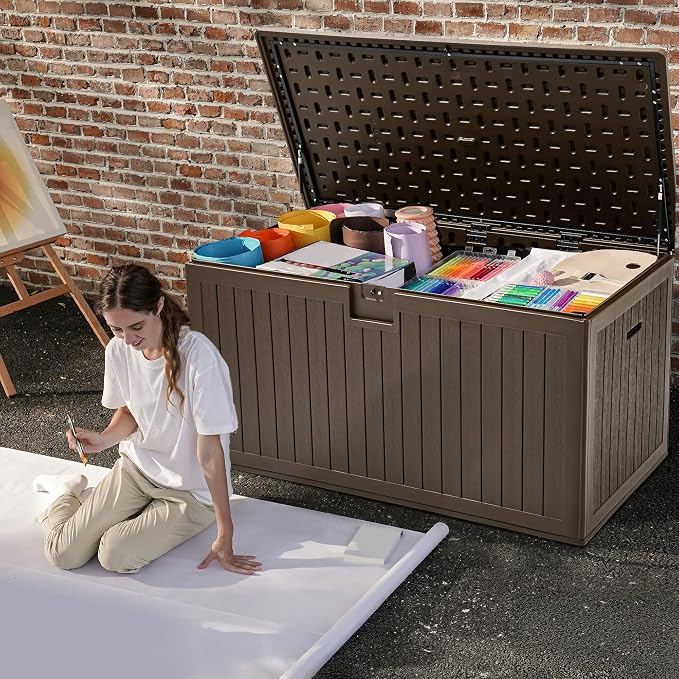 DWVO 260 Gallon Resin Outdoor Storage Box, XXL Double-Wall Waterproof Deck Box with Divider, Doubles as Table or Seating with 1000 lbs Capacity, Lockable (Brown)