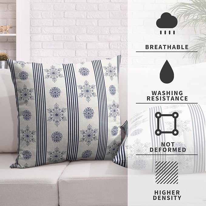 Winter Pillow Covers Blue and White Porcelain Blue Snowflakes Striped Throw Pillow Covers Navy Blue Floral Pillowcase 24x24 Set of 2 Neutral Cushion Case for Couch Sofa