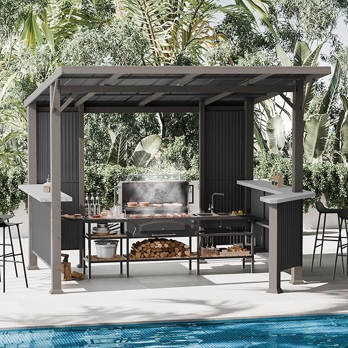 10' x 10' Hardtop Grill Gazebo,Outdoor Galvanized Steel BBQ Lean to Gazebo with 2 Side Shelves,Permanent Hardtop Grill Canopy with Independent Countertop for Patio Backyard Lawn Garden