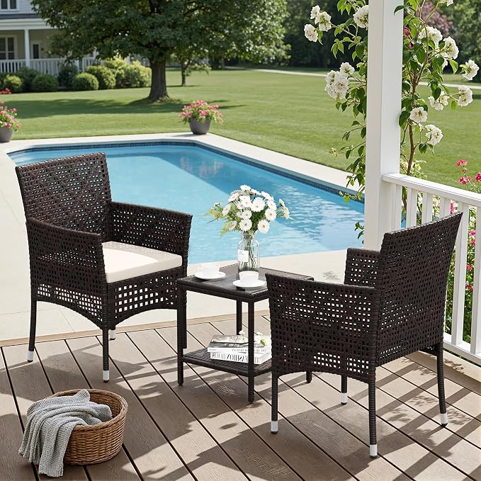 Devoko Patio Furniture Set 3 Pieces Outdoor Wicker Chairs Set of 2 with Coffee Table for Outside Porch Balcony (Brown)